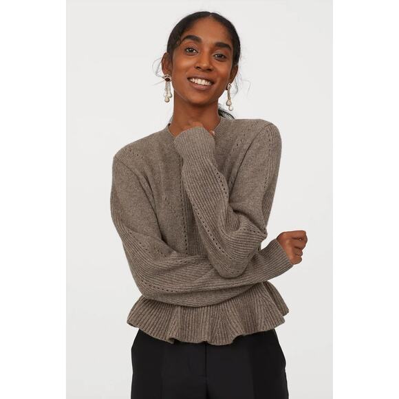 NWT Women's H&M Concious Knit Wool Peplum Sweater size XL in Chestnut Minimalist - Picture 1 of 5